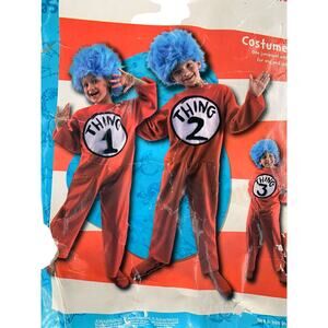 Thing 1 Thing 2 Costume Dr. Suess Child Size Small 4-6 Red Jumpsuit Blue Fur Wig